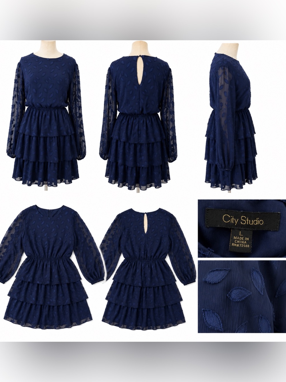 City Studio Navy Blue Tiered Ruffle Long-Sleeve Dress